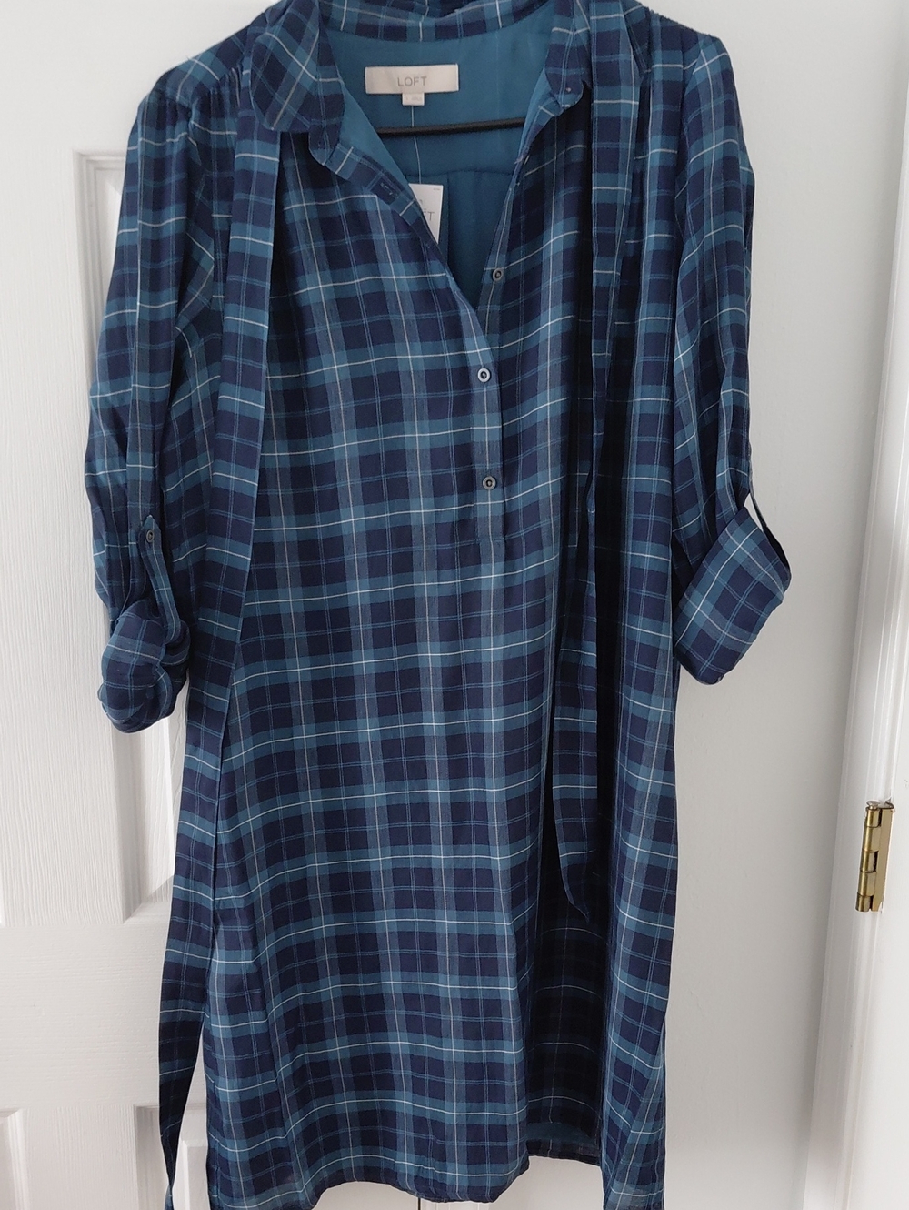 LOFT Teal & Navy Plaid Midi Shirt Dress